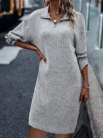 Zipper Half Placket Drop Shoulder Tee Dress Without Belt Zipper Half Placket Drop Shoulder Tee Dress Without Belt