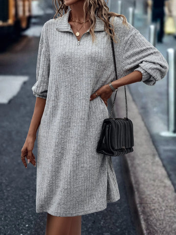 Zipper Half Placket Drop Shoulder Tee Dress Without Belt Zipper Half Placket Drop Shoulder Tee Dress Without Belt