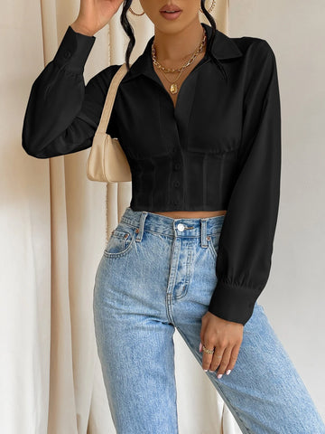 Solid Button Front Crop Shirt Solid Button Front Crop Shirt