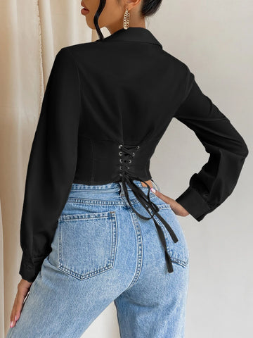 Solid Button Front Crop Shirt Solid Button Front Crop Shirt