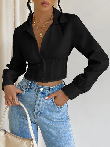 Solid Button Front Crop Shirt Solid Button Front Crop Shirt