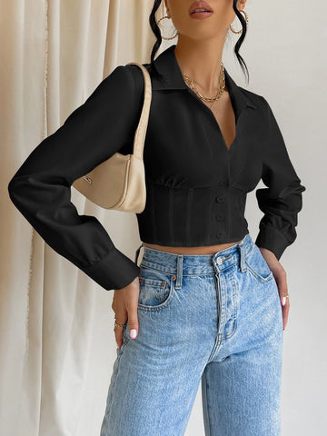 Solid Button Front Crop Shirt Solid Button Front Crop Shirt