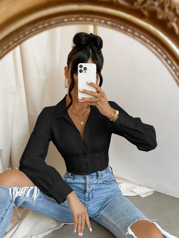 Solid Button Front Crop Shirt Solid Button Front Crop Shirt