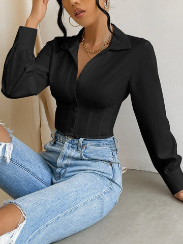 Solid Button Front Crop Shirt Solid Button Front Crop Shirt