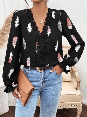 Guipure Lace Insert Feather Print Flounce Sleeve Blouse Guipure Lace Insert Feather Print Flounce Sleeve Blouse