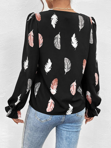 Guipure Lace Insert Feather Print Flounce Sleeve Blouse Guipure Lace Insert Feather Print Flounce Sleeve Blouse