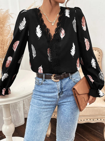 Guipure Lace Insert Feather Print Flounce Sleeve Blouse Guipure Lace Insert Feather Print Flounce Sleeve Blouse