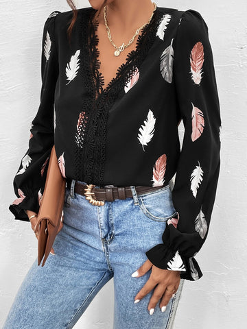Guipure Lace Insert Feather Print Flounce Sleeve Blouse Guipure Lace Insert Feather Print Flounce Sleeve Blouse