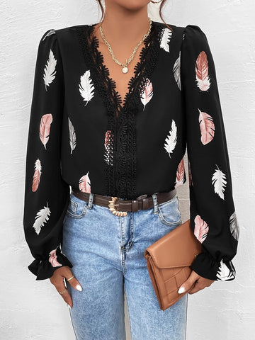 Guipure Lace Insert Feather Print Flounce Sleeve Blouse Guipure Lace Insert Feather Print Flounce Sleeve Blouse