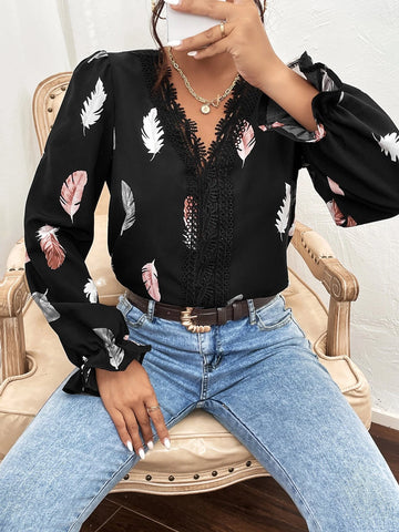 Guipure Lace Insert Feather Print Flounce Sleeve Blouse Guipure Lace Insert Feather Print Flounce Sleeve Blouse