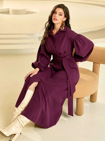 Lantern Sleeve Belted Shirt Dress Lantern Sleeve Belted Shirt Dress