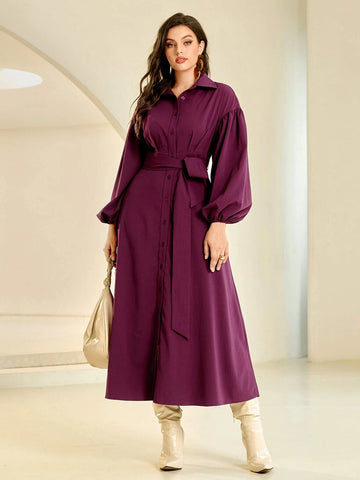 Lantern Sleeve Belted Shirt Dress Lantern Sleeve Belted Shirt Dress
