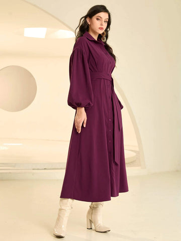 Lantern Sleeve Belted Shirt Dress Lantern Sleeve Belted Shirt Dress