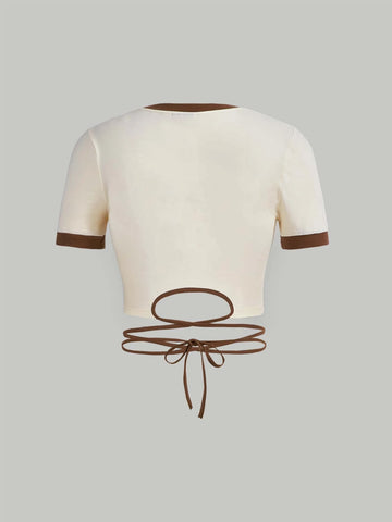 Car & Slogan Graphic Contrast Binding Crisscross Crop Tee Car & Slogan Graphic Contrast Binding Crisscross Crop Tee