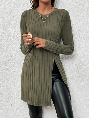 Ribbed Knit Split Hem Tee Ribbed Knit Split Hem Tee