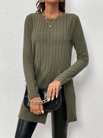 Ribbed Knit Split Hem Tee Ribbed Knit Split Hem Tee
