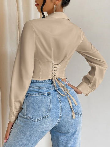 Solid Button Front Crop Shirt Solid Button Front Crop Shirt