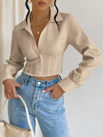 Solid Button Front Crop Shirt Solid Button Front Crop Shirt
