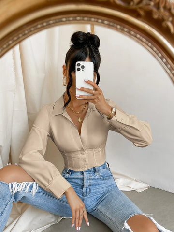 Solid Button Front Crop Shirt Solid Button Front Crop Shirt