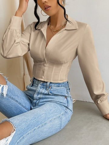 Solid Button Front Crop Shirt Solid Button Front Crop Shirt