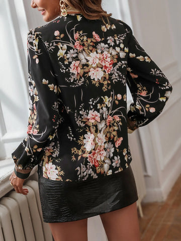 Floral Print Tie Neck Blouse Floral Print Tie Neck Blouse