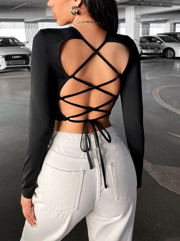 Lace Up Backless Crop Tee Lace Up Backless Crop Tee
