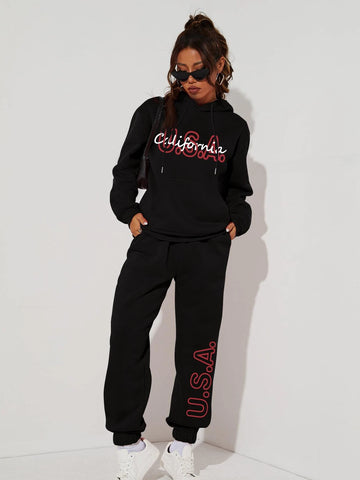 Letter Graphic Drawstring Hoodie & Sweatpants Letter Graphic Drawstring Hoodie & Sweatpants