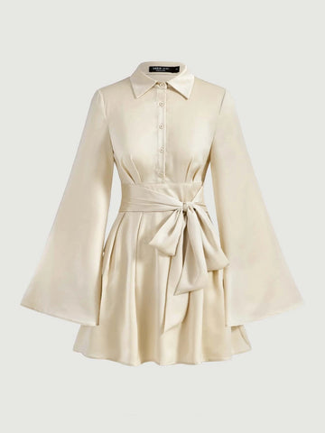 MOD Trumpet Sleeve Bow Front Ruffle Hem Shirt Dress MOD Trumpet Sleeve Bow Front Ruffle Hem Shirt Dress