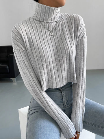 High Neck Drop Shoulder Ribbed Knit Tee High Neck Drop Shoulder Ribbed Knit Tee