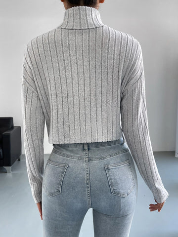 High Neck Drop Shoulder Ribbed Knit Tee High Neck Drop Shoulder Ribbed Knit Tee