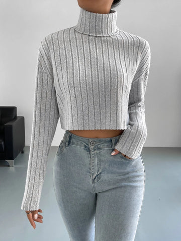 High Neck Drop Shoulder Ribbed Knit Tee High Neck Drop Shoulder Ribbed Knit Tee