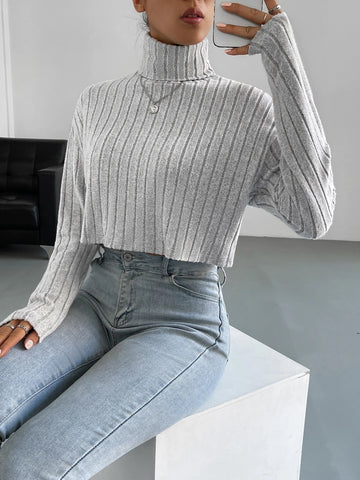 High Neck Drop Shoulder Ribbed Knit Tee High Neck Drop Shoulder Ribbed Knit Tee