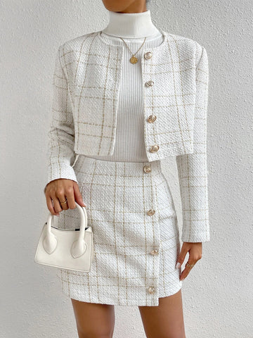 Plaid Print Crop Jacket & Button Front Skirt Plaid Print Crop Jacket & Button Front Skirt