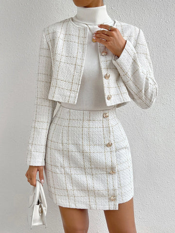 Plaid Print Crop Jacket & Button Front Skirt Plaid Print Crop Jacket & Button Front Skirt