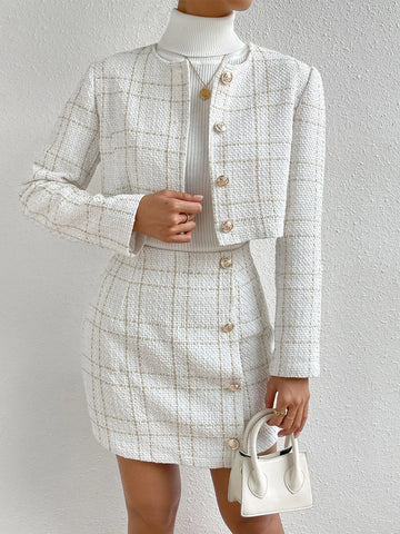 Plaid Print Crop Jacket & Button Front Skirt Plaid Print Crop Jacket & Button Front Skirt