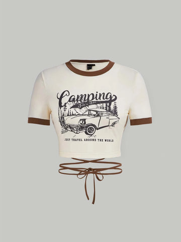 Car & Slogan Graphic Contrast Binding Crisscross Crop Tee Car & Slogan Graphic Contrast Binding Crisscross Crop Tee