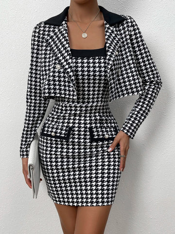 Houndstooth Print Lapel Neck Crop Jacket & Bodycon Dress Houndstooth Print Lapel Neck Crop Jacket & Bodycon Dress