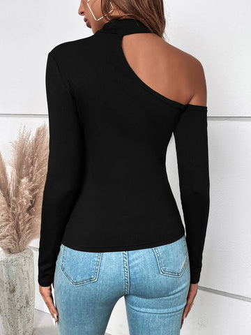 Asymmetrical Neck Ribbed Knit Tee Asymmetrical Neck Ribbed Knit Tee