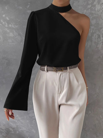 Unity Solid Asymmetrical Neck Cut Out Blouse Unity Solid Asymmetrical Neck Cut Out Blouse
