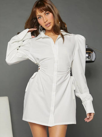 Lace Up Side Puff Sleeve Shirt Dress Lace Up Side Puff Sleeve Shirt Dress