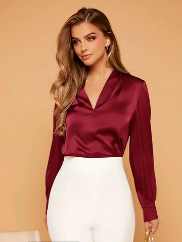 Felegant V-neck Lantern Sleeve Satin Blouse Felegant V-neck Lantern Sleeve Satin Blouse