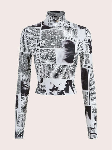 Newspaper Print Mock Neck Crop Tee Newspaper Print Mock Neck Crop Tee