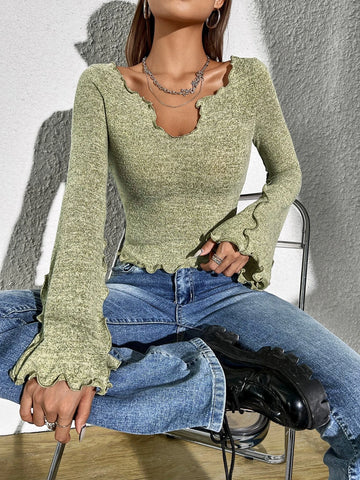 Notched Neck Lettuce Trim Trumpet Sleeve Tee Notched Neck Lettuce Trim Trumpet Sleeve Tee