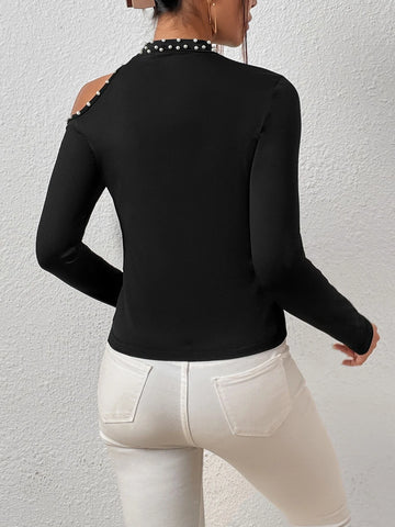 Pearls Beaded Cut Out Mock Neck Tee Pearls Beaded Cut Out Mock Neck Tee