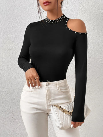 Pearls Beaded Cut Out Mock Neck Tee Pearls Beaded Cut Out Mock Neck Tee