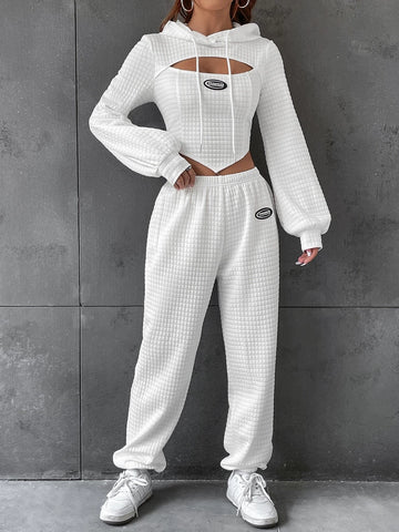 EZwear Letter Patched Detail Cutout Drawstring Hoodie & Sweatpants EZwear Letter Patched Detail Cutout Drawstring Hoodie & Sweatpants