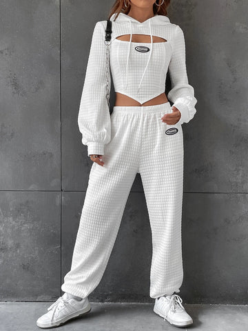 EZwear Letter Patched Detail Cutout Drawstring Hoodie & Sweatpants EZwear Letter Patched Detail Cutout Drawstring Hoodie & Sweatpants