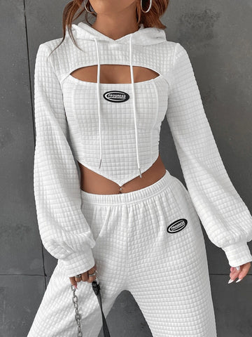 EZwear Letter Patched Detail Cutout Drawstring Hoodie & Sweatpants EZwear Letter Patched Detail Cutout Drawstring Hoodie & Sweatpants