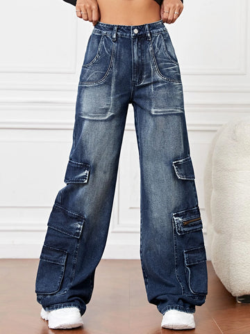 High Waist Flap Pocket Cargo Jeans High Waist Flap Pocket Cargo Jeans