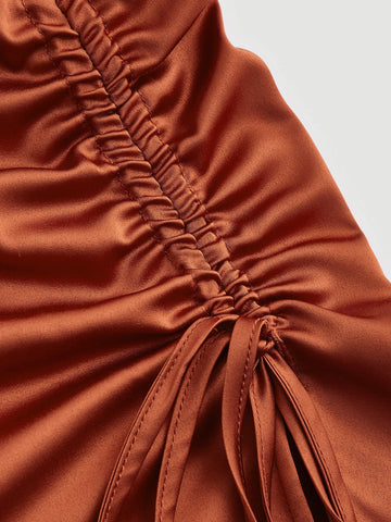 Draped Drawstring Side Split Thigh Satin Cami Dress Draped Drawstring Side Split Thigh Satin Cami Dress